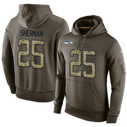 NFL Men's Nike Seattle Seahawks #25 Richard Sherman Stitched Green Olive Salute To Service KO Performance Hoodie - Click Image to Close
